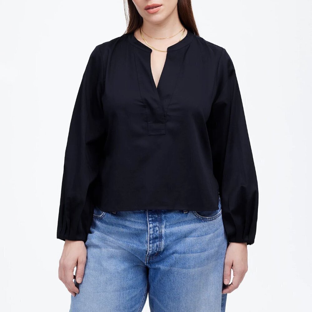 Madewell V-Neck Stretch Cotton Sateen Long Sleeve Top Deep Indigo Size Xs Nwot